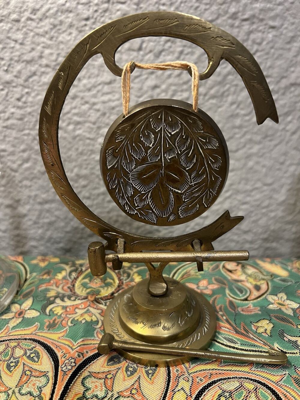 Vintage Engraved Brass Dinner Gong Original with 2 Strikers Tabletop Bell India